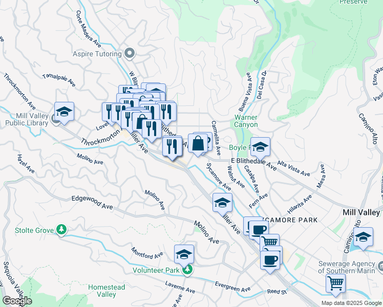 map of restaurants, bars, coffee shops, grocery stores, and more near 163 Miller Avenue in Mill Valley