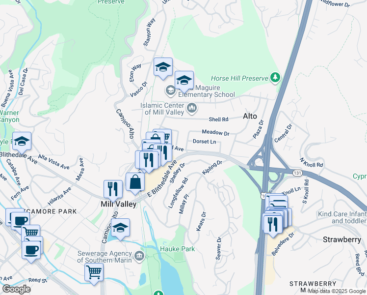 map of restaurants, bars, coffee shops, grocery stores, and more near 12 Somerset Lane in Mill Valley