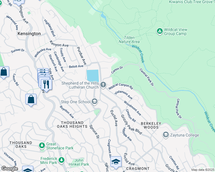 map of restaurants, bars, coffee shops, grocery stores, and more near 624 Parkside Court in Kensington