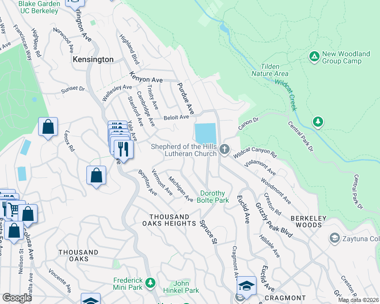 map of restaurants, bars, coffee shops, grocery stores, and more near 379 Vassar Avenue in Berkeley