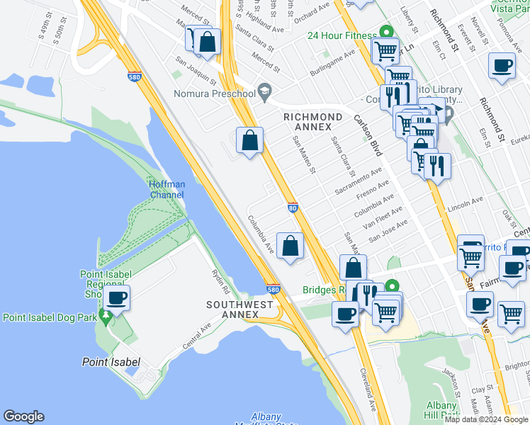map of restaurants, bars, coffee shops, grocery stores, and more near 5300 Huntington Avenue in Richmond