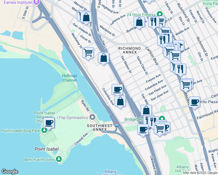 map of restaurants, bars, coffee shops, grocery stores, and more near 5300 Huntington Avenue in Richmond