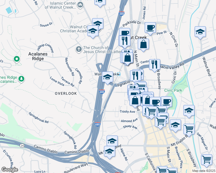 map of restaurants, bars, coffee shops, grocery stores, and more near 120 Ygnacio Valley Road in Walnut Creek