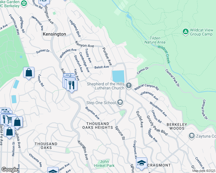 map of restaurants, bars, coffee shops, grocery stores, and more near 411 Vassar Avenue in Berkeley