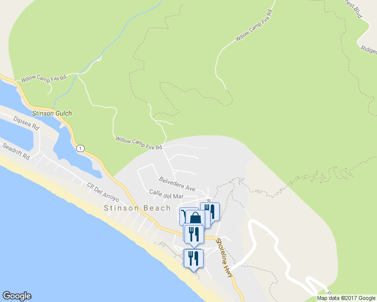 map of restaurants, bars, coffee shops, grocery stores, and more near 17 Avenue Las Baulinas in Stinson Beach