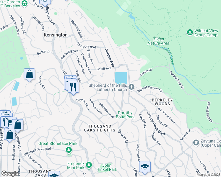 map of restaurants, bars, coffee shops, grocery stores, and more near 411 Vassar Avenue in Berkeley