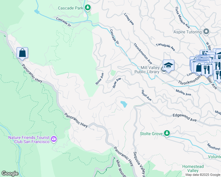 map of restaurants, bars, coffee shops, grocery stores, and more near 345 Hazel Avenue in Mill Valley