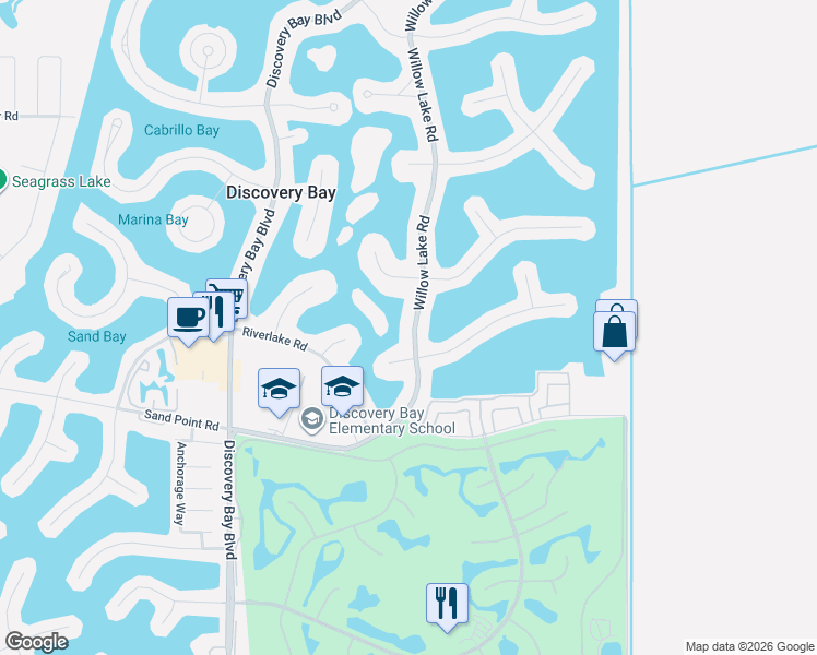 map of restaurants, bars, coffee shops, grocery stores, and more near 1432 Willow Lake Road in Discovery Bay