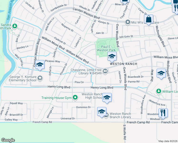 map of restaurants, bars, coffee shops, grocery stores, and more near 2043 Pisa Circle in Stockton