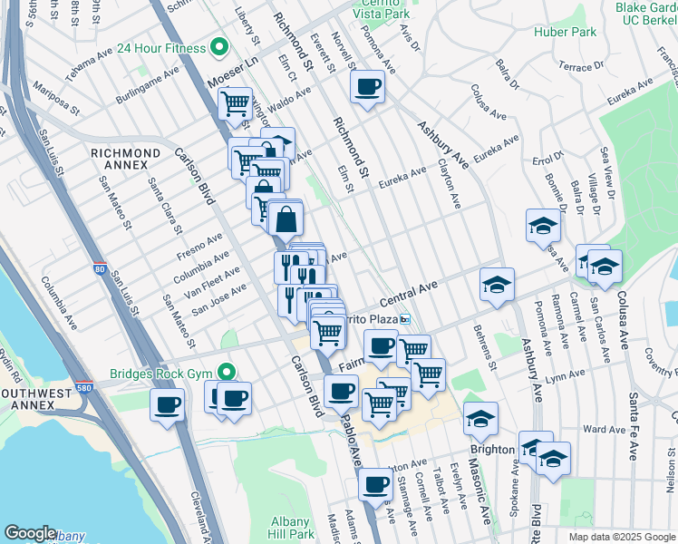 map of restaurants, bars, coffee shops, grocery stores, and more near 604 Lexington Avenue in El Cerrito