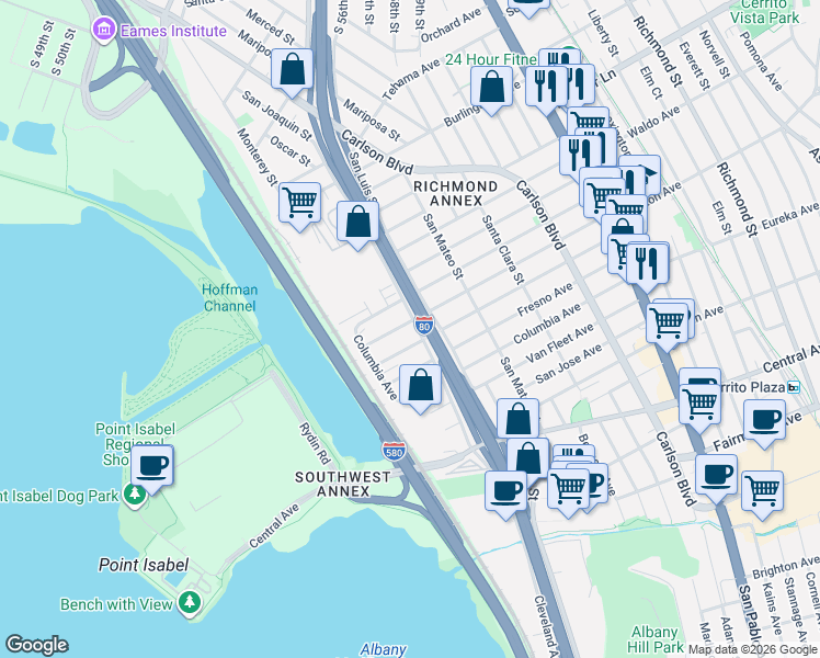 map of restaurants, bars, coffee shops, grocery stores, and more near 5308 Panama Avenue in Richmond