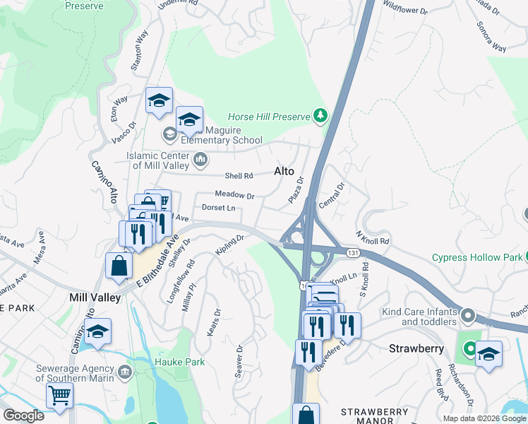 map of restaurants, bars, coffee shops, grocery stores, and more near 27 Meadow Drive in Mill Valley