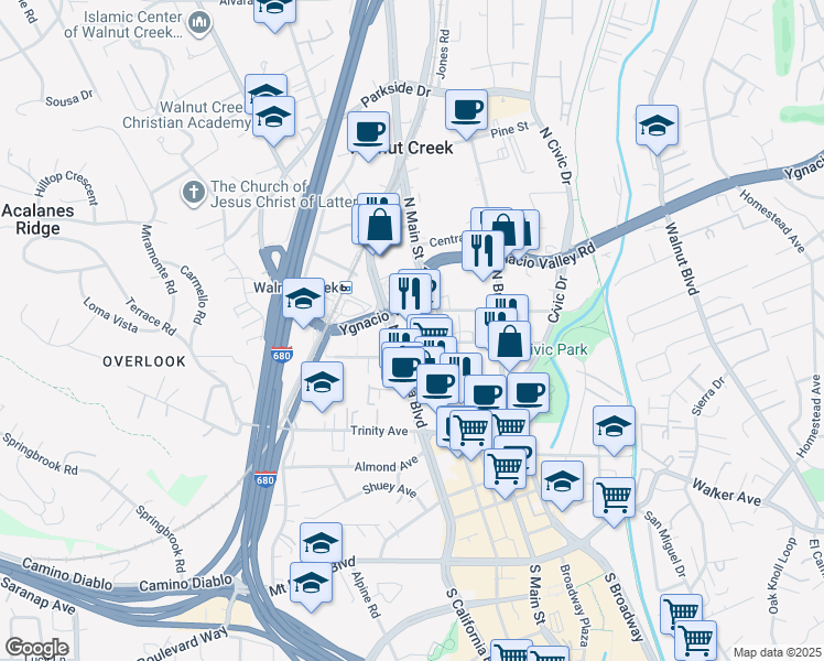 map of restaurants, bars, coffee shops, grocery stores, and more near 1871 North Main Street in Walnut Creek