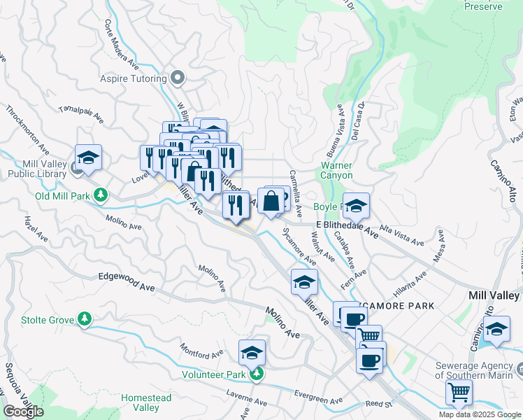 map of restaurants, bars, coffee shops, grocery stores, and more near in Mill Valley