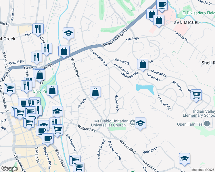 map of restaurants, bars, coffee shops, grocery stores, and more near 1110 Homestead Avenue in Walnut Creek