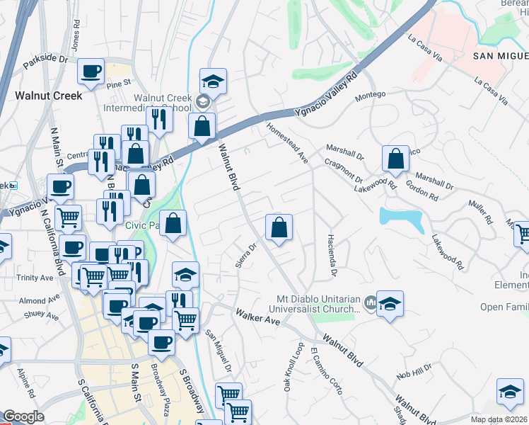 map of restaurants, bars, coffee shops, grocery stores, and more near 77 Jerome Court in Walnut Creek