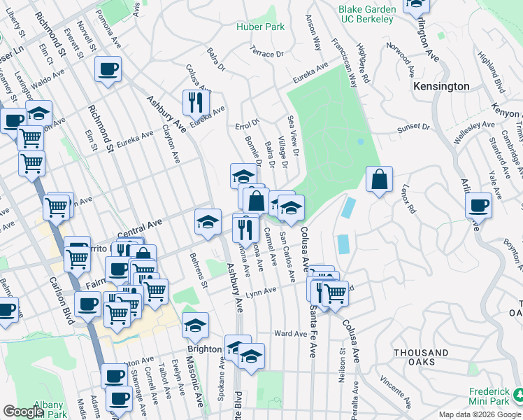map of restaurants, bars, coffee shops, grocery stores, and more near 401 Colusa Avenue in El Cerrito