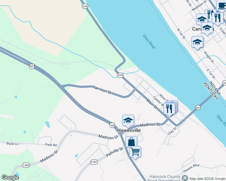 map of restaurants, bars, coffee shops, grocery stores, and more near 249-397 Harrison Street in Hawesville