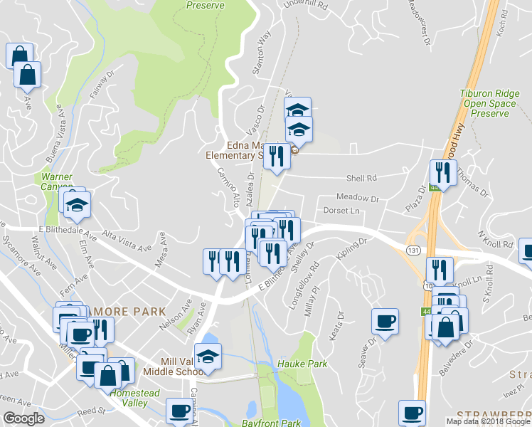 map of restaurants, bars, coffee shops, grocery stores, and more near 135 Lomita Drive in Mill Valley