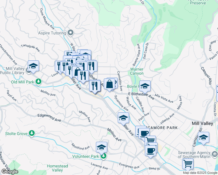 map of restaurants, bars, coffee shops, grocery stores, and more near in Mill Valley