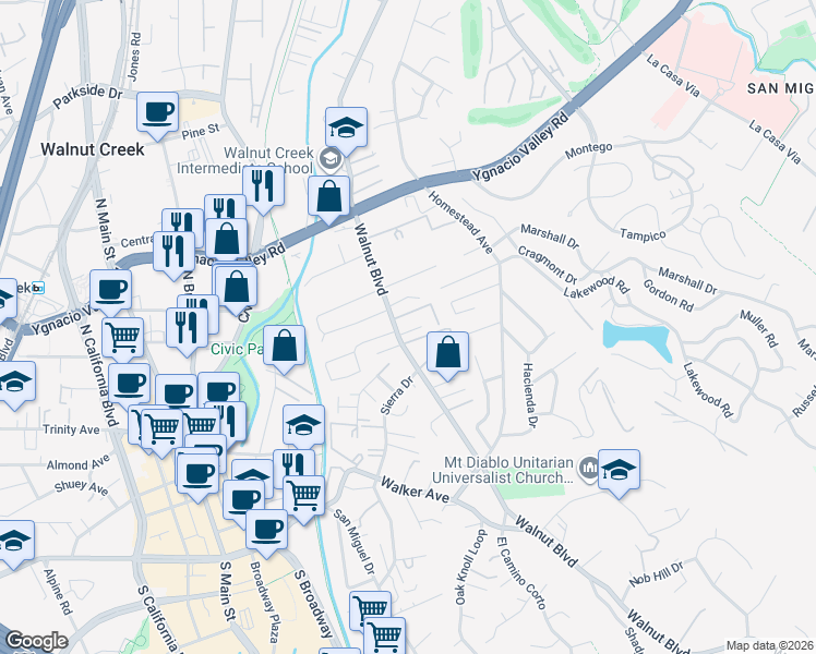 map of restaurants, bars, coffee shops, grocery stores, and more near 245 Haleena Place in Walnut Creek