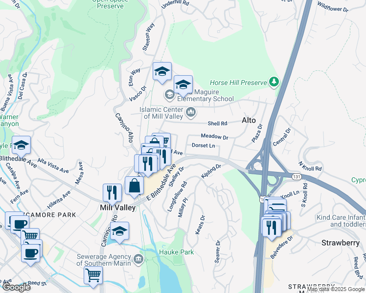 map of restaurants, bars, coffee shops, grocery stores, and more near 78 Meadow Drive in Mill Valley