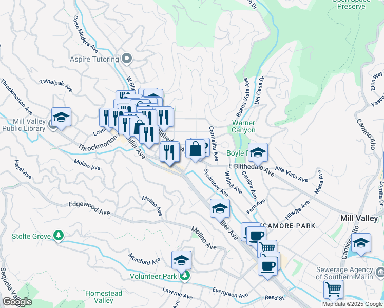 map of restaurants, bars, coffee shops, grocery stores, and more near in Mill Valley
