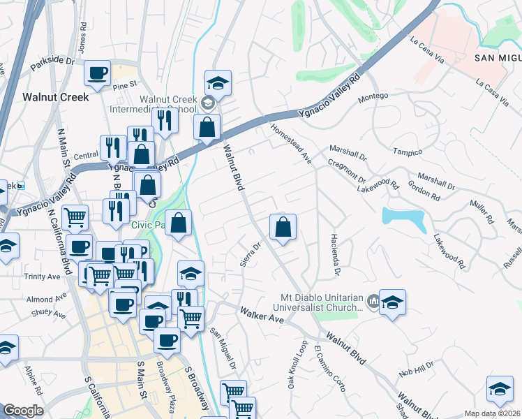 map of restaurants, bars, coffee shops, grocery stores, and more near 249 Haleena Place in Walnut Creek