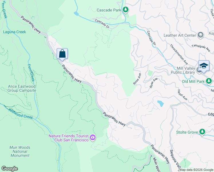 map of restaurants, bars, coffee shops, grocery stores, and more near 50 Mountain Lane in Mill Valley