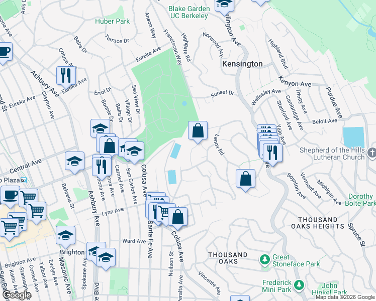 map of restaurants, bars, coffee shops, grocery stores, and more near 34 Avon Road in Kensington