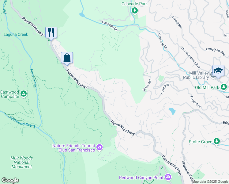 map of restaurants, bars, coffee shops, grocery stores, and more near 50 Mountain Lane in Mill Valley