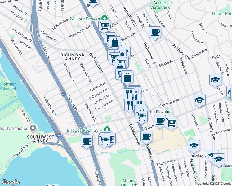 map of restaurants, bars, coffee shops, grocery stores, and more near 2800 Carlson Boulevard in Richmond
