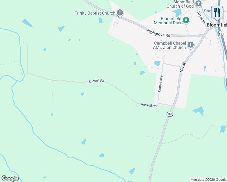 map of restaurants, bars, coffee shops, grocery stores, and more near 465 Russell Road in Bloomfield