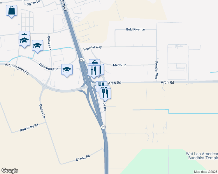 map of restaurants, bars, coffee shops, grocery stores, and more near 3660 Arch Road in Stockton