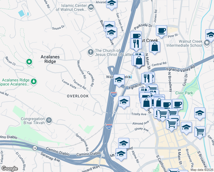 map of restaurants, bars, coffee shops, grocery stores, and more near 18 Jocelyn Place in Walnut Creek