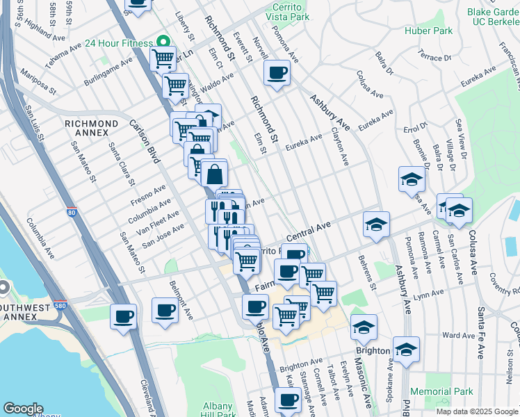 map of restaurants, bars, coffee shops, grocery stores, and more near 604 Lexington Avenue in El Cerrito