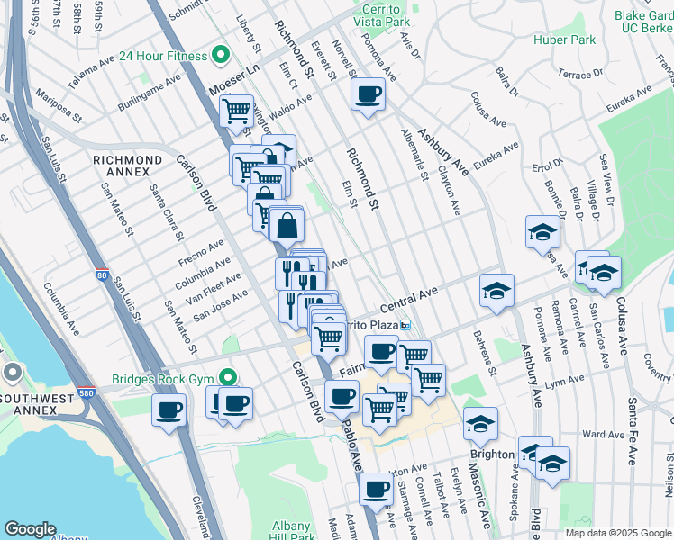 map of restaurants, bars, coffee shops, grocery stores, and more near 604 Lexington Avenue in El Cerrito