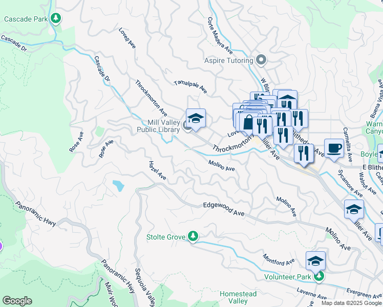 map of restaurants, bars, coffee shops, grocery stores, and more near 35 Cascade Way in Mill Valley