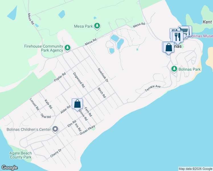 map of restaurants, bars, coffee shops, grocery stores, and more near 151 Alder Road in Bolinas
