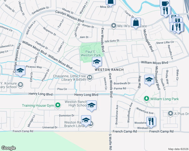 map of restaurants, bars, coffee shops, grocery stores, and more near 4004 Violet Cheng Place in Stockton