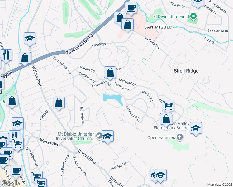 map of restaurants, bars, coffee shops, grocery stores, and more near 245 Lakewood Road in Walnut Creek