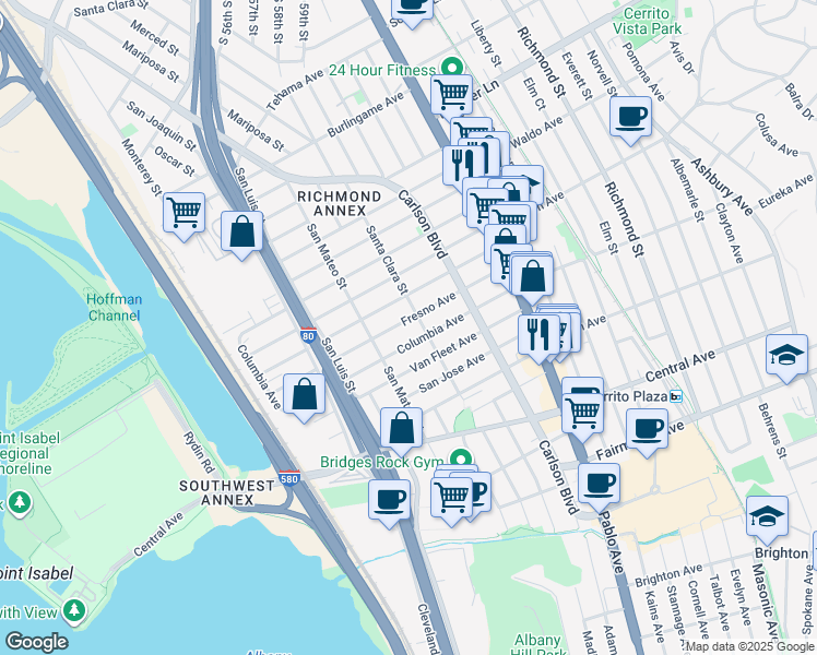 map of restaurants, bars, coffee shops, grocery stores, and more near 5716 Fresno Avenue in Richmond