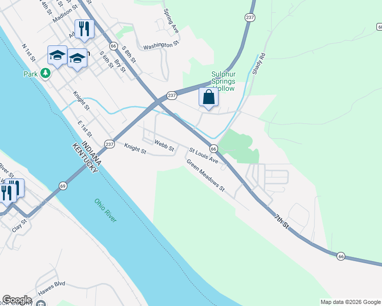 map of restaurants, bars, coffee shops, grocery stores, and more near 726 Saint Louis Avenue in Cannelton