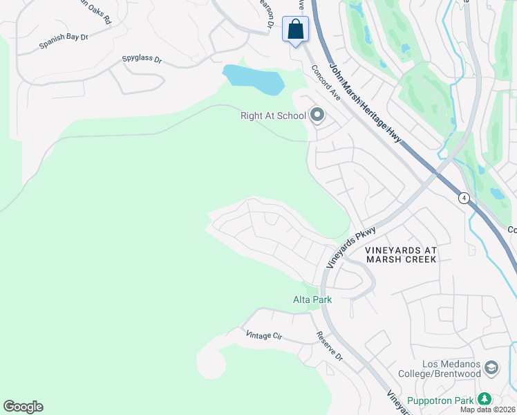 map of restaurants, bars, coffee shops, grocery stores, and more near 2093 Solera Street in Brentwood