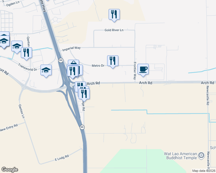 map of restaurants, bars, coffee shops, grocery stores, and more near 4038 Arch Road in Stockton