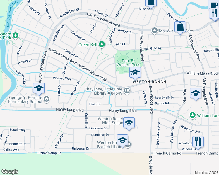 map of restaurants, bars, coffee shops, grocery stores, and more near 2043 Pisa Circle in Stockton