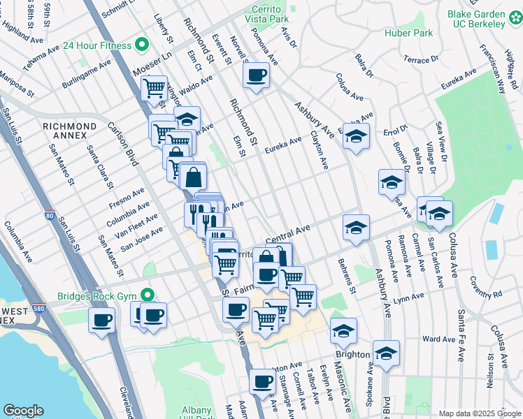 map of restaurants, bars, coffee shops, grocery stores, and more near 6618 Lincoln Avenue in El Cerrito