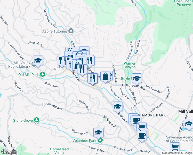 map of restaurants, bars, coffee shops, grocery stores, and more near in Mill Valley