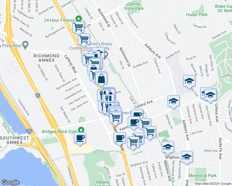 map of restaurants, bars, coffee shops, grocery stores, and more near Lexington Avenue & Lincoln Avenue in El Cerrito