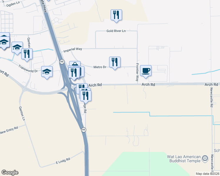 map of restaurants, bars, coffee shops, grocery stores, and more near 4038 Arch Road in Stockton